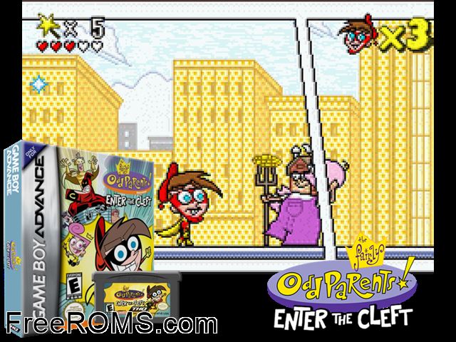 Fairly Odd Parents!, The - Enter The Cleft Gameboy Advance game showing 3D box cover and gameplay screenshot